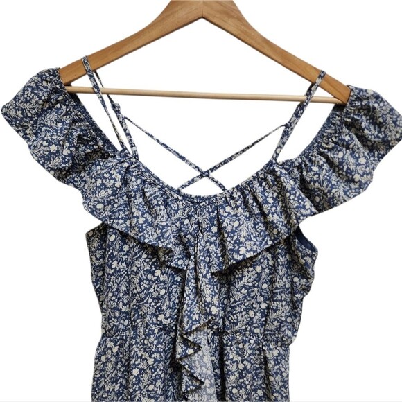 Julianas Dress M Blue Floral Ruffle Cold Shoulder Strappy Babydoll Y2K Fairycore - Picture 5 of 12
